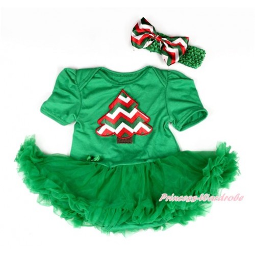 Xmas Kelly Green Baby Bodysuit Jumpsuit Kelly Green Pettiskirt With Red White Green Wave Christmas Tree Print With Kelly Green Headband Red White Green Wave Satin Satin Bow JS2068 