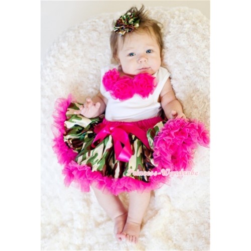White Baby Pettitop with Hot Pink Rosettes with Camouflage Newborn Pettiskirt NG1016 