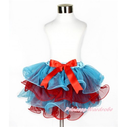 Peacock Blue Red Flower Petal Full Pettiskirt With Red Bow B222 