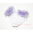 Plain Style Pure White Socks with Lavender Ruffles and Bow H180 