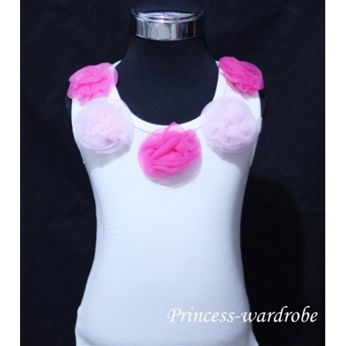 White Tank Tops with Hot Light Pink Rosettes T16 