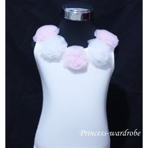 White Tank Tops with Pink White Rosettes T18 