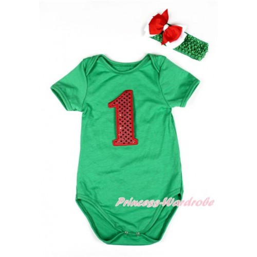 Xmas Kelly Green Baby Jumpsuit with 1st Sparkle Red Birthday Number Print TH418 