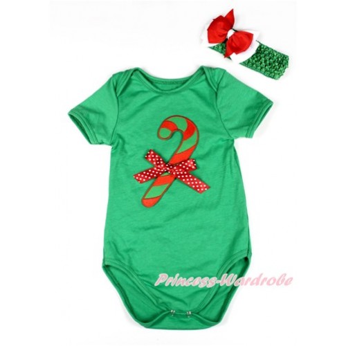 Xmas Kelly Green Baby Jumpsuit with Christmas Stick Print & Minnie Dots Bow TH421 