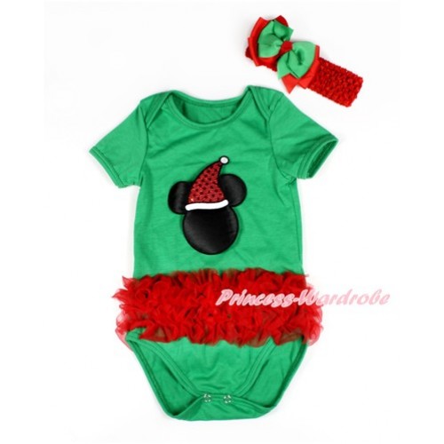 Xmas Kelly Green Baby Jumpsuit with Triple Red Ruffles & Christmas Minnie Print TH428 