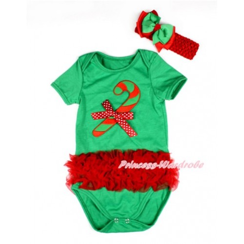 Xmas Kelly Green Baby Jumpsuit with Triple Red Ruffles & Christmas Stick Print & Minnie Dots Bow TH430 
