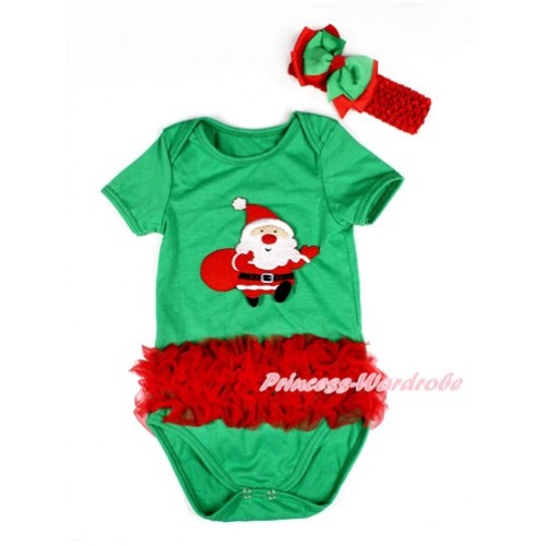 Xmas Kelly Green Baby Jumpsuit with Triple Red Ruffles & Gift Bag Santa Claus Print TH431 