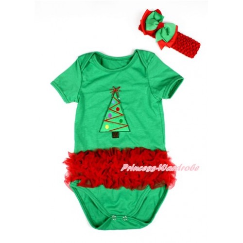 Xmas Kelly Green Baby Jumpsuit with Triple Red Ruffles & Christmas Tree Print TH432 