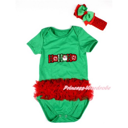 Xmas Kelly Green Baby Jumpsuit with Triple Red Ruffles & HOHOHO Santa Claus Print TH433 