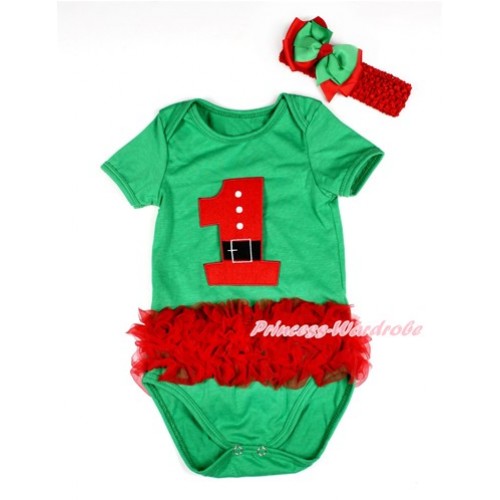 Xmas Kelly Green Baby Jumpsuit with Triple Red Ruffles & 1st Santa Claus Birthday Number Print TH426 