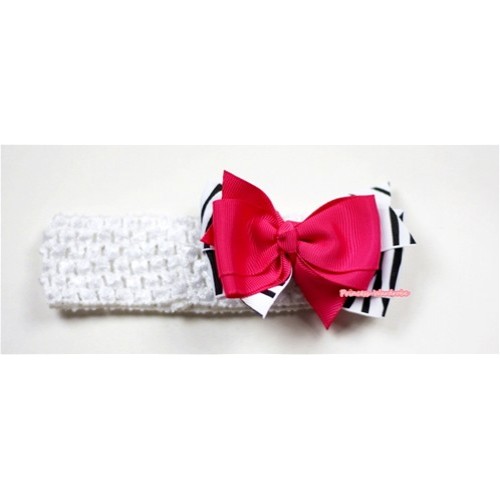 White Headband with Zebra & Hot Pink Ribbon Hair Bow Clip H490 