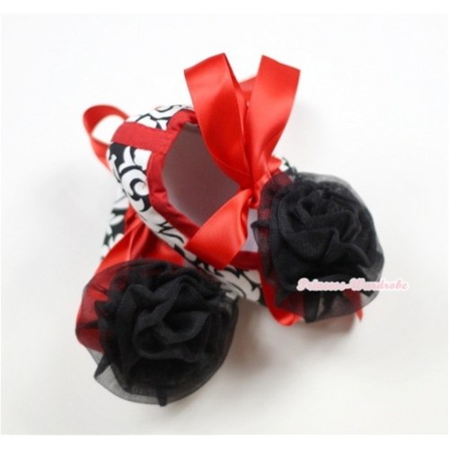 Hot Red Damask Shoes with Ribbon with Black Rosettes S462 
