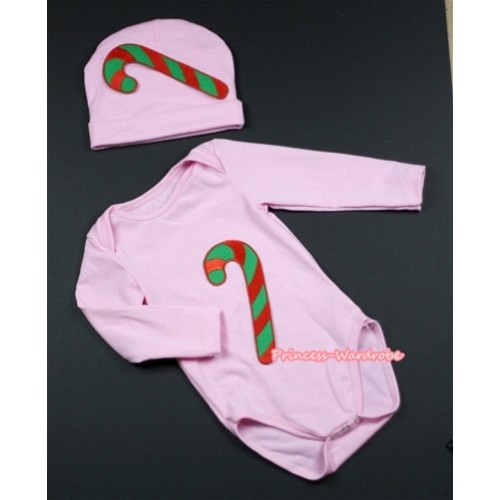 Light Pink Long Sleeve Baby Jumpsuit with Christmas Stick Print with Cap Set LS83 