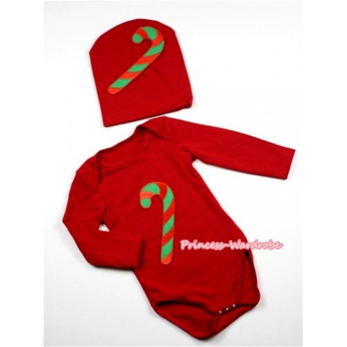Hot Red Long Sleeve Baby Jumpsuit with Christmas Stick Print with Cap Set LS84 