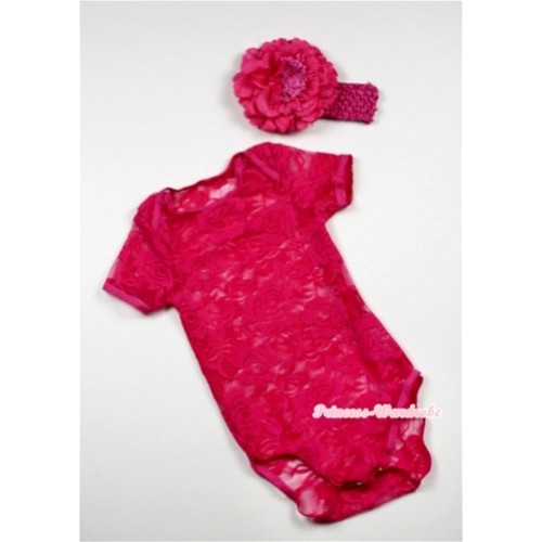 Hot Pink See Through Baby Jumpsuit with Hot Pink Headband & Hot Pink Peony TH272 