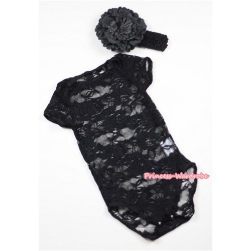 Black See Through Baby Jumpsuit with Black Headband & Black Peony TH273 