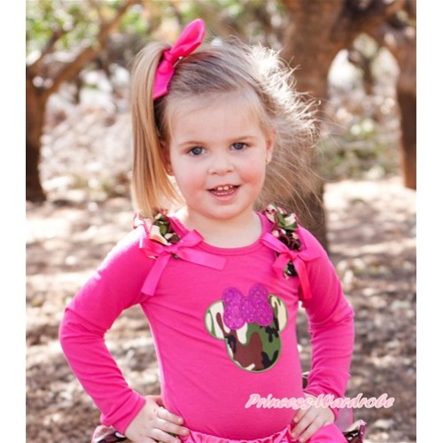 Hot Pink Long Sleeves Top with Camouflage Ruffles & Hot Pink Bow & Sparkle Hot Pink Camouflage Minnie Print TO130 