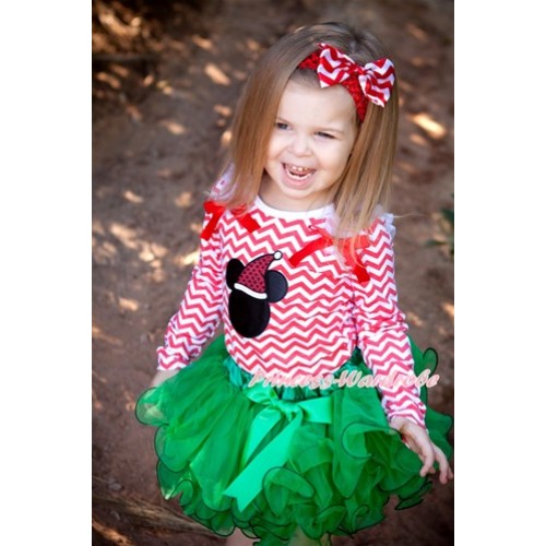 Xmas Kelly Green Bow Kelly Green Petal Pettiskirt with Matching Red White Wave Long Sleeve Top with White Ruffles & Red Bow & Christmas Minnie Print MW363 