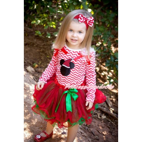 Xmas Kelly Green Bow Red Green Petal Pettiskirt with Matching Red White Wave Long Sleeve Top with White Ruffles & Red Bow & Christmas Minnie Print MW364 