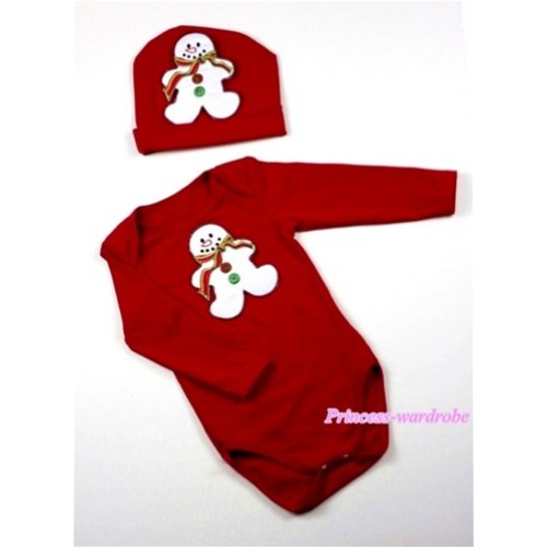 Red Long Sleeve Baby Jumpsuit with Christmas Gingerbread Snowman Print with Cap Set LS59 