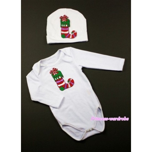 White Long Sleeve Baby Jumpsuit with Christmas Stocking Print with Cap Set LS73 