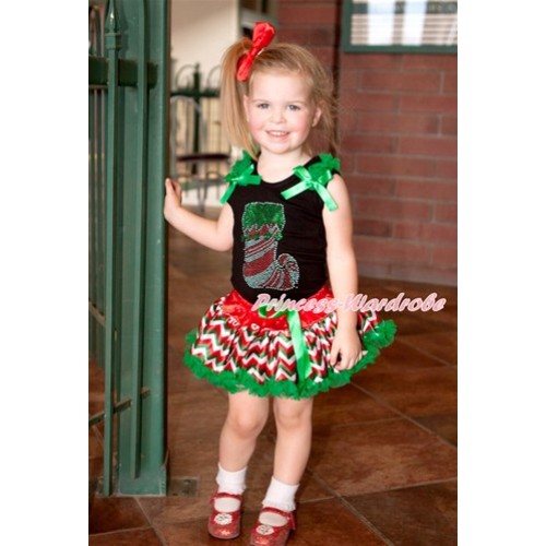 Xmas Black Tank Top with Sparkle Crystal Bling Christmas Stocking Print with Kelly Green Ruffles & Kelly Green Bow & Red White Green Wave Pettiskirt MG818 
