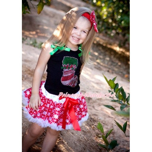 Xmas Black Tank Top with Sparkle Crystal Bling Christmas Stocking Print with Kelly Green Ruffles & Kelly Green Bow & Red Snowflakes Pettiskirt MG819 
