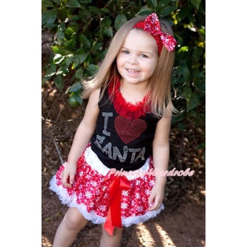 Xmas Black Tank Top with Sparkle Crystal Bling I Love Santa Print with Red Chiffon Lacing & Red Snowflakes Pettiskirt MG821 