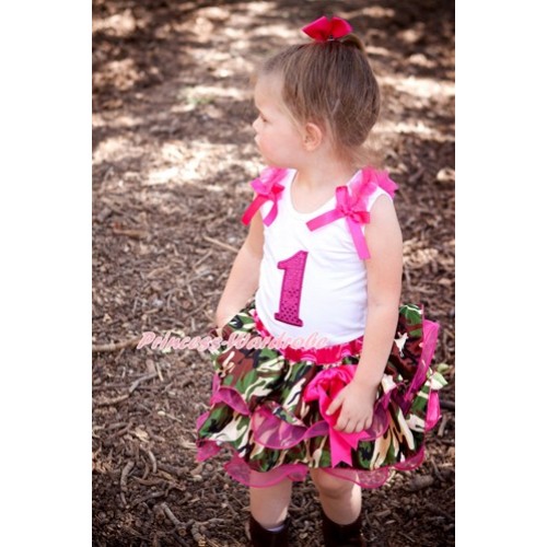 White Tank Top With Hot Pink Ruffles & Hot Pink Bow & 1st Sparkle Hot Pink Birthday Number Print With Hot Pink Bow Hot Pink Camouflage Petal Pettiskirt MG823 