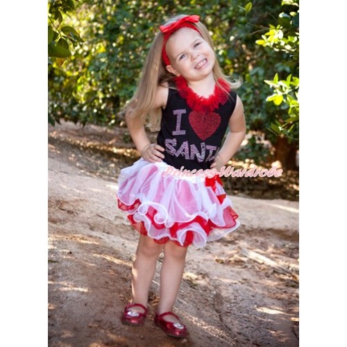 Xmas Black Tank Top With Red Chiffon Lacing & Sparkle Crystal Bling I Love Santa Print With Red Bow Red White Petal Pettiskirt MG830 