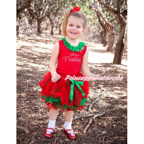 Xmas Red Tank Top With Kelly Green Chiffon Lacing & Sparkle Crystal Bling Princess Print With Kelly Green Bow Red Green Petal Pettiskirt CM157 