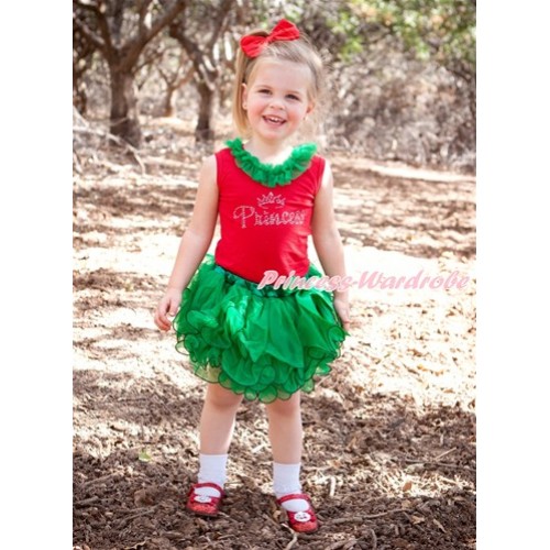 Xmas Red Tank Top With Kelly Green Chiffon Lacing & Sparkle Crystal Bling Princess Print With Kelly Green Bow Kelly Green Petal Pettiskirt CM158 