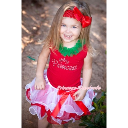 Xmas Red Tank Top With Kelly Green Chiffon Lacing & Sparkle Crystal Bling Princess Print With Red Bow Red White Petal Pettiskirt CM159 