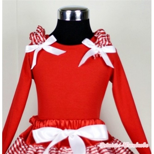 Red Long Sleeves Top with Red White Striped Ruffles & White Bow TW251 