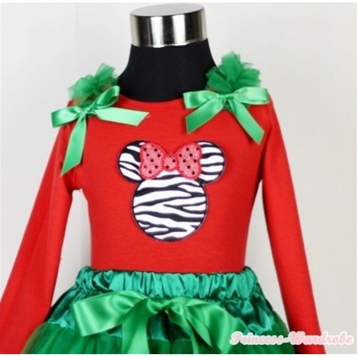 Zebra Minnie Print Red Long Sleeves Top with Kelly Green Ruffles & Kelly Green Bow TW301 