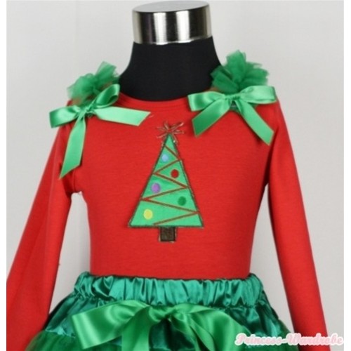 Christmas Tree Print Red Long Sleeves Top with Kelly Green Ruffles & Kelly Green Bow TW303 