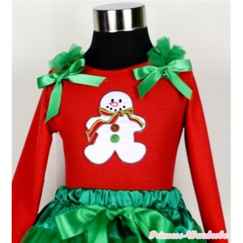 Christmas Gingerbread Snowman Print Red Long Sleeves Top with Kelly Green Ruffles & Kelly Green Bow TW307 
