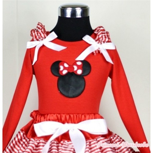 Minnie Print Red Long Sleeves Top with Red White Striped Ruffles & White Bow TW308 