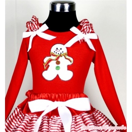 Christmas Gingerbread Snowman Print Red Long Sleeves Top with Red White Striped Ruffles & White Bow TW310 