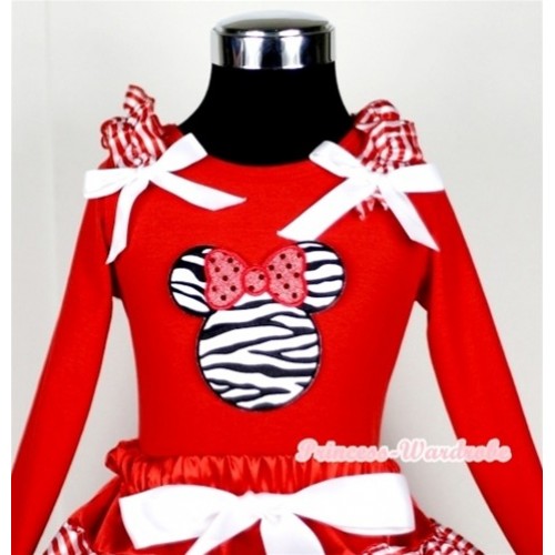 Zebra Minnie Print Red Long Sleeves Top with Red White Striped Ruffles & White Bow TW313 