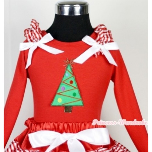 Christmas Tree Print Red Long Sleeves Top with Red White Striped Ruffles & White Bow TW314 