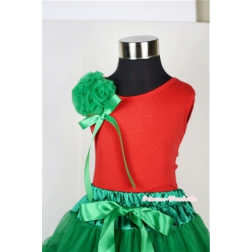 Red Tank Top with Bunch of  Kelly Green Rosettes and Kelly Green Bow T500 