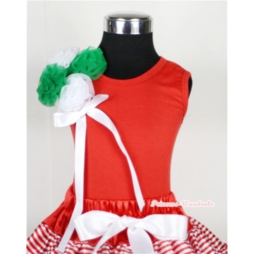 Red Tank Top with Bunch of  Kelly Green & White Rosettes and White Bow T503 