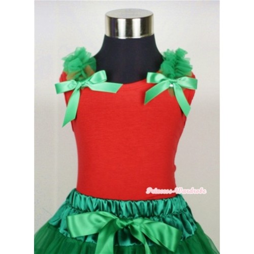 Red Tank Top with Kelly Green Ruffles and Kelly Green Bows T433 