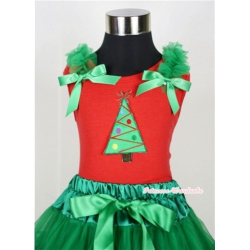 Christmas Tree Print Red Tank Top with Kelly Green Ruffles and Kelly Green Bow T606 
