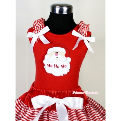 Santa Claus Print Red Tank Top with Red White Striped Ruffles and White Bow T609 