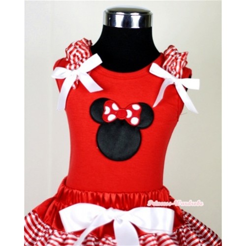 Minnie Print Red Tank Top with Red White Striped Ruffles and White Bow T610 