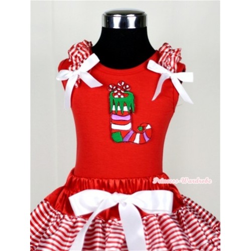 Christmas Stocking Print Red Tank Top with Red White Striped Ruffles and White Bow T616 