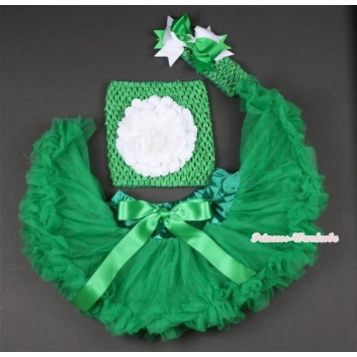 Kelly Green Baby Pettiskirt, White Peony and Green Crochet Tube Top,Green Headband with Green White Bow 3PC Set CT479 