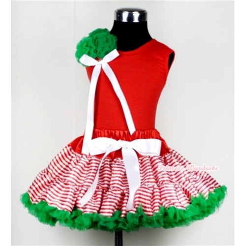 Red White Striped mix Christmas Green Pettiskirt with a Bunch of Kelly Green Rosettes and White Bow Red Tank Top M453 